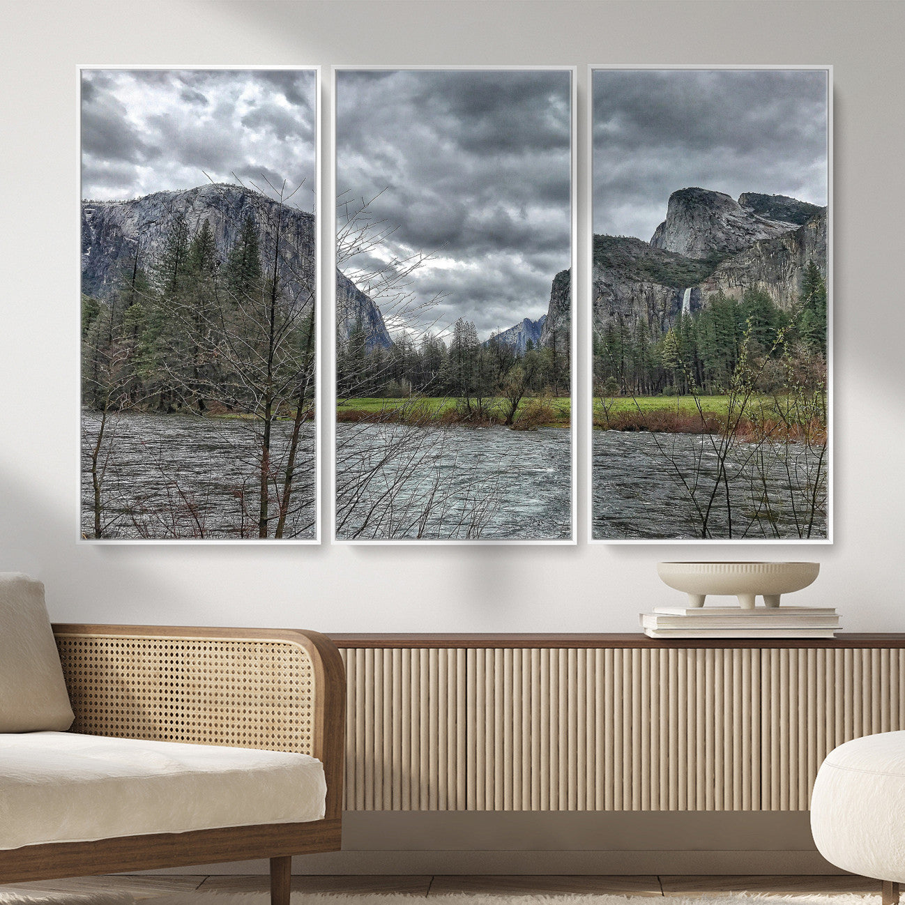 75582552-MGV-CV-36X24 - Yosemite Valley River Landscape Wall Art Canvas Print, Granite Cliffs Forest River Canvas Print, California National Park Moody Scenic Art Printi
