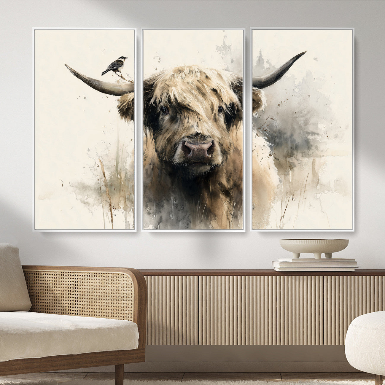 98249290-MGV-CV-36X24 - Abstract Highland Cow Watercolor Animal Wall Art Canvas Print, Rustic Farm Cattle Portrait Canvas Print, Neutral Wildlife Farmhouse Art Printing