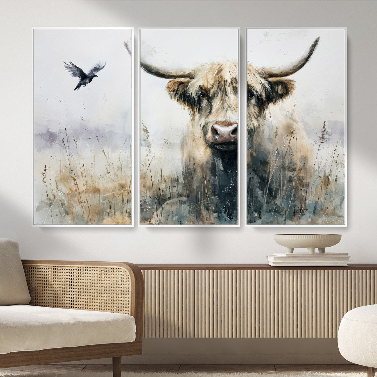 55652651-MGV-CV-36X24 - Abstract Highland Cow Watercolor Animal Wall Art Canvas Print, Rustic Farm Cattle Portrait Canvas Print, Neutral Wildlife Farmhouse Art Printing