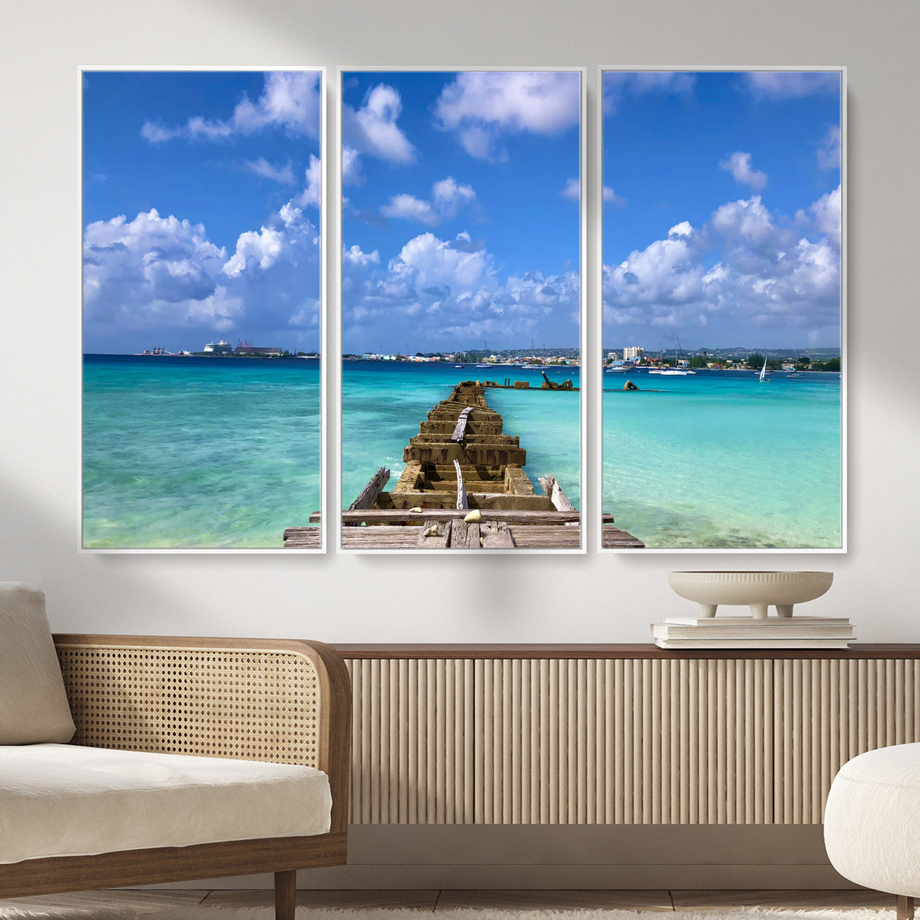 43165024-MGV-CV-36X24 - Caribbean Ocean Pier Seascape Wall Art Canvas Print, Turquoise Sea Tropical Harbor Canvas Print, Island Coastal Blue Water Scenic Art Printing