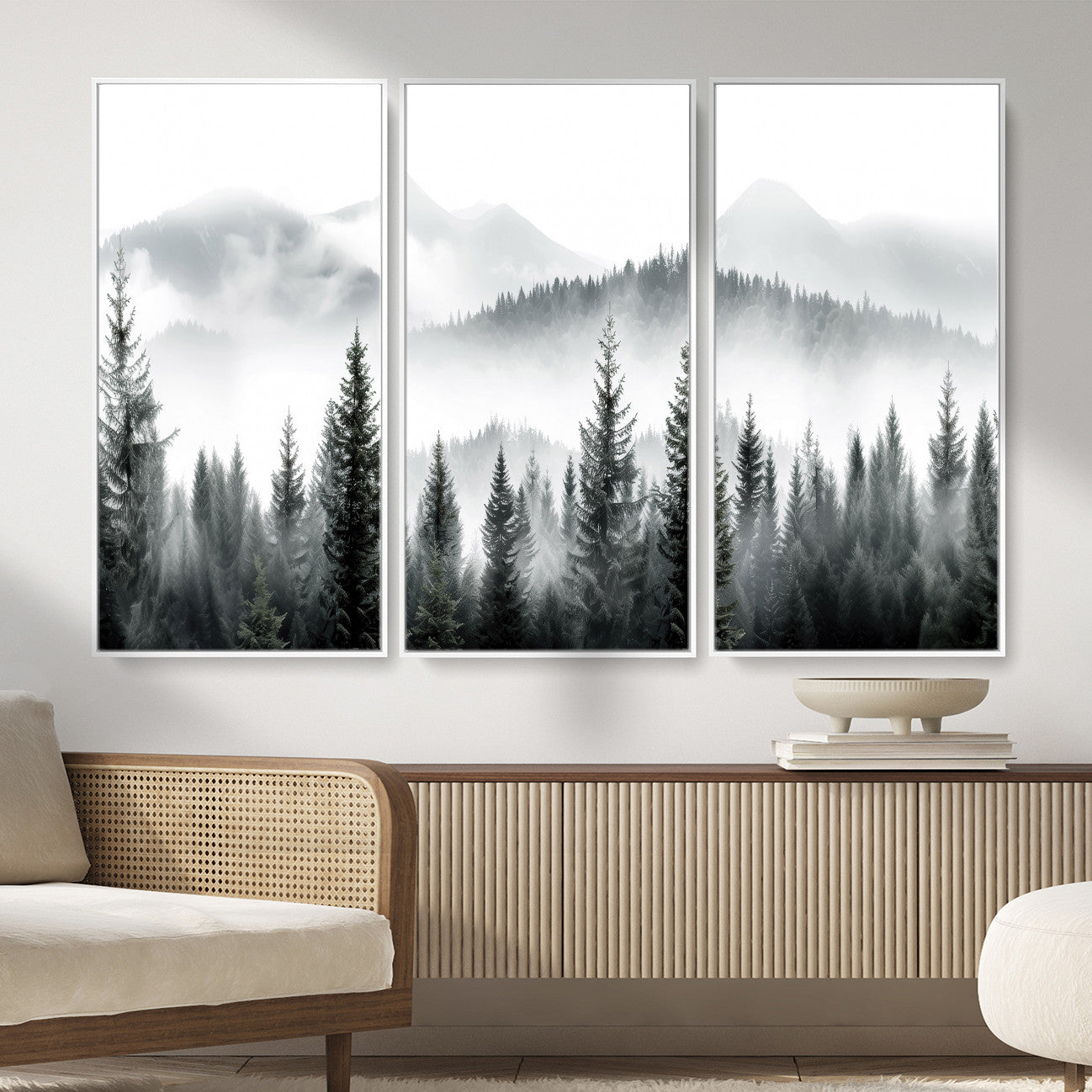 38819032-MGV-CV-36X24 - Misty Pine Forest Mountain Landscape Wall Art Canvas Print, Foggy Evergreen Trees Minimal Nature Canvas Print, Monochrome Wilderness Scenic Art Printing