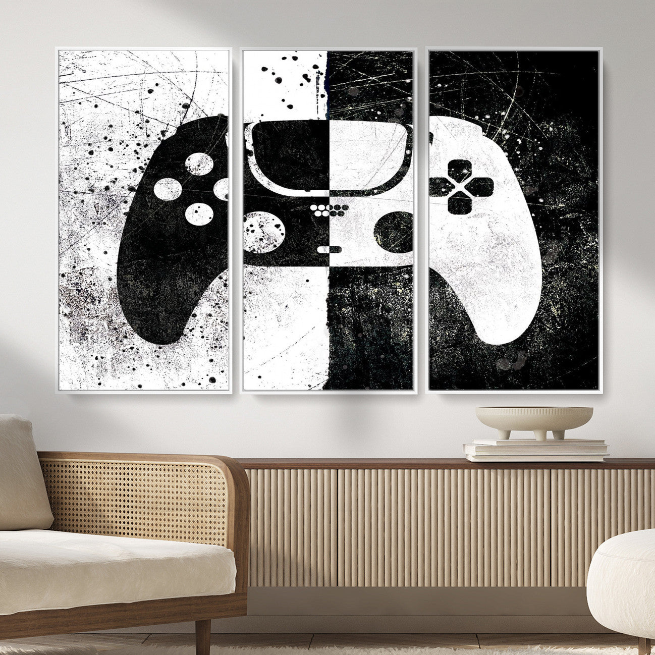 17525128-MGV-CV-36X24 - Abstract Gaming Controller Wall Art Canvas Print, Black White Video Game Controller Modern Canvas Print, Minimal Gamer Graphic Art Printing