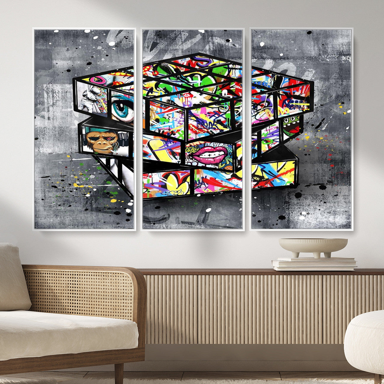 46789556-MGV-CV-36X24 - Graffiti Cube Abstract Street Art Wall Art Canvas Print, Colorful Urban Pop Art Geometric Canvas Print, Modern Street Art Contemporary Art Printing