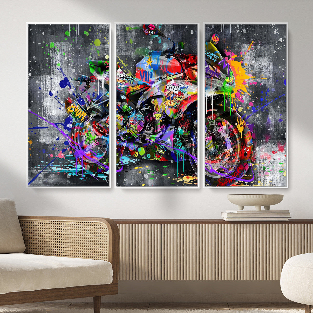 83021767-MGV-CV-36X24 - Graffiti Motorcycle Wall Art Canvas Print, Urban Street Art Motorbike Decor, Colorful Graffiti Sports Bike Artwork