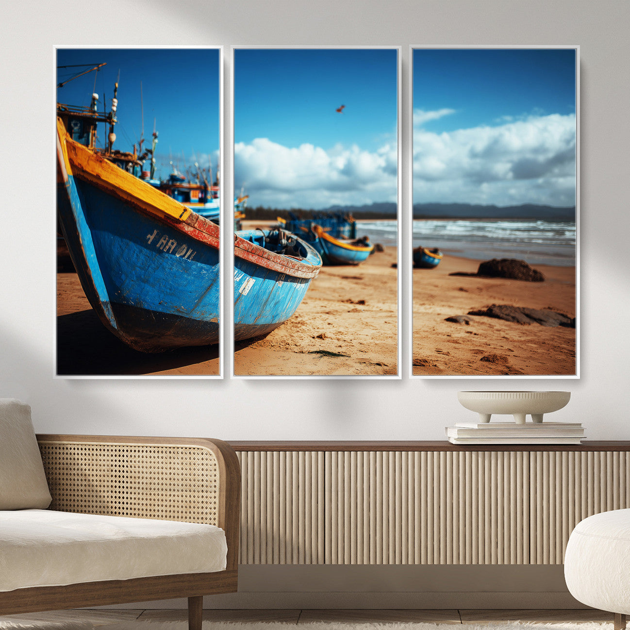 70925201-MGV-CV-36X24 - Fishing Boats Wall Art Canvas Print, Coastal Boat Beach Scene, Nautical Seaside Artwork, Ocean Shore Decor, Coastal Home Wall Art