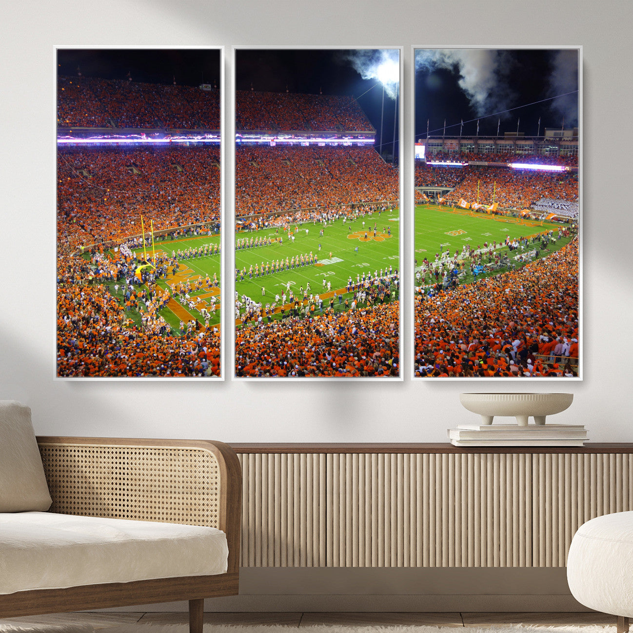 43662631-MGV-CV-36X24 - Clemson Football Stadium Wall Art Canvas Print, College Football Crowd Night Game Scene, Orange Stadium Panorama Wall Decor
