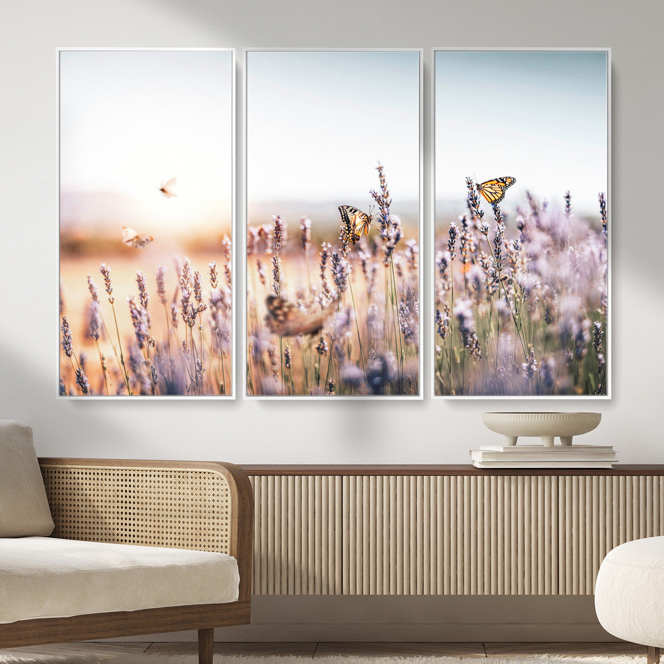 46417478-MGV-CV-36X24 - Lavender Field Wall Art Canvas Print, Butterfly Floral Landscape Art, Soft Nature Wall Decor for Bedroom