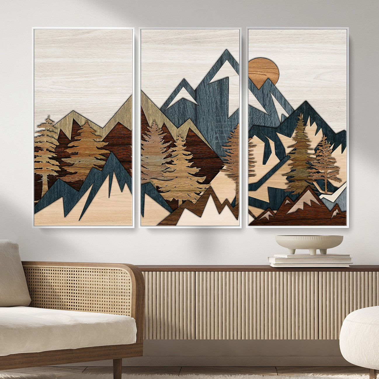 61833055-MGV-CV-36X24 - Mountain Forest Wall Art Canvas Print, Layered Wood Landscape Artwork, Rustic Nature Wall Decor for Living Room