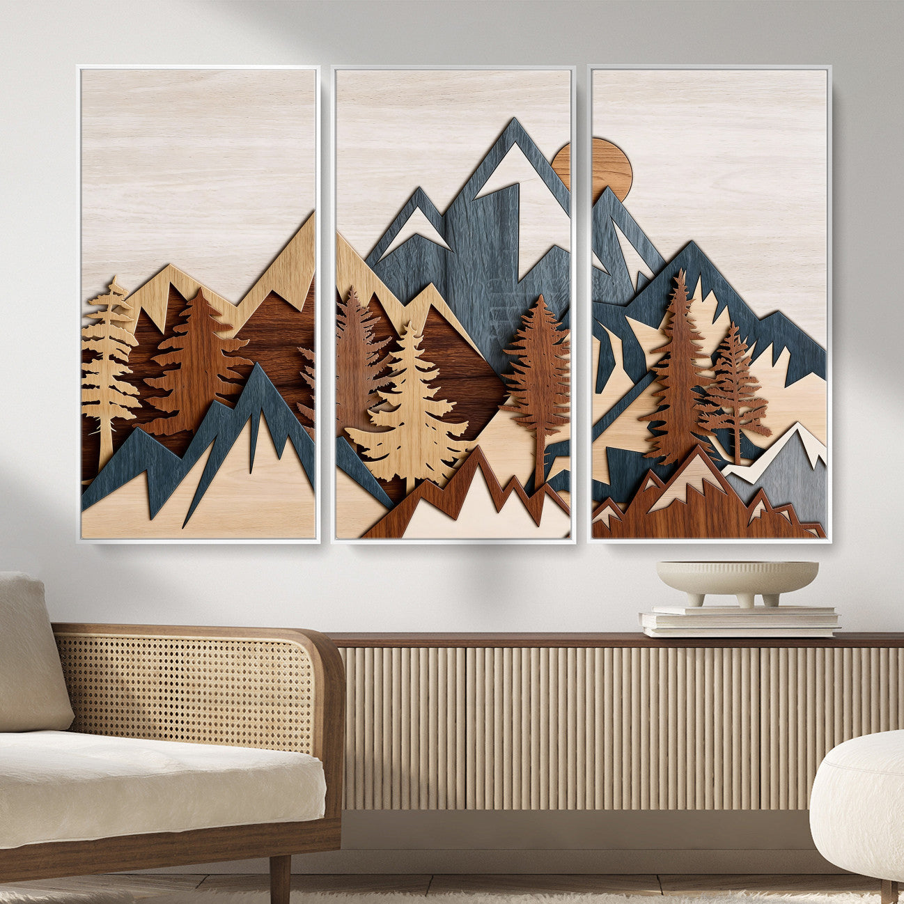 39888898-MGV-CV-36X24 - Layered Wooden Mountain Wall Art Canvas Print, Modern Rustic Forest and Pine Landscape Wall Decor