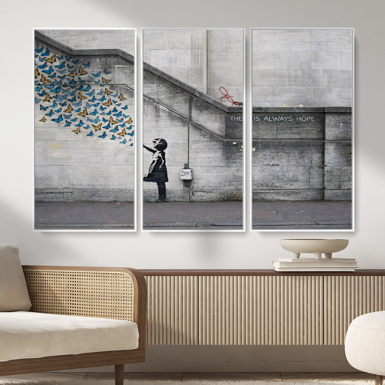 15274223-MGV-CV-36X24 - Banksy Girl with Butterflies Street Art Wall Art Canvas Print, Hope Graffiti Urban Art Canvas Print, Minimalist Inspirational Street Art Contemporary Art Printing