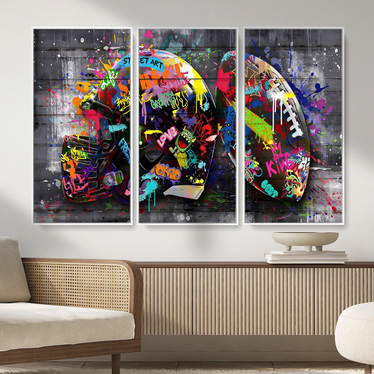 80540773-MGV-CV-36X24 - Graffiti American Football Helmet Street Art Wall Art Canvas Print, Urban Sports Pop Art Football Canvas Print, Colorful Graffiti Sports Contemporary Art Printing