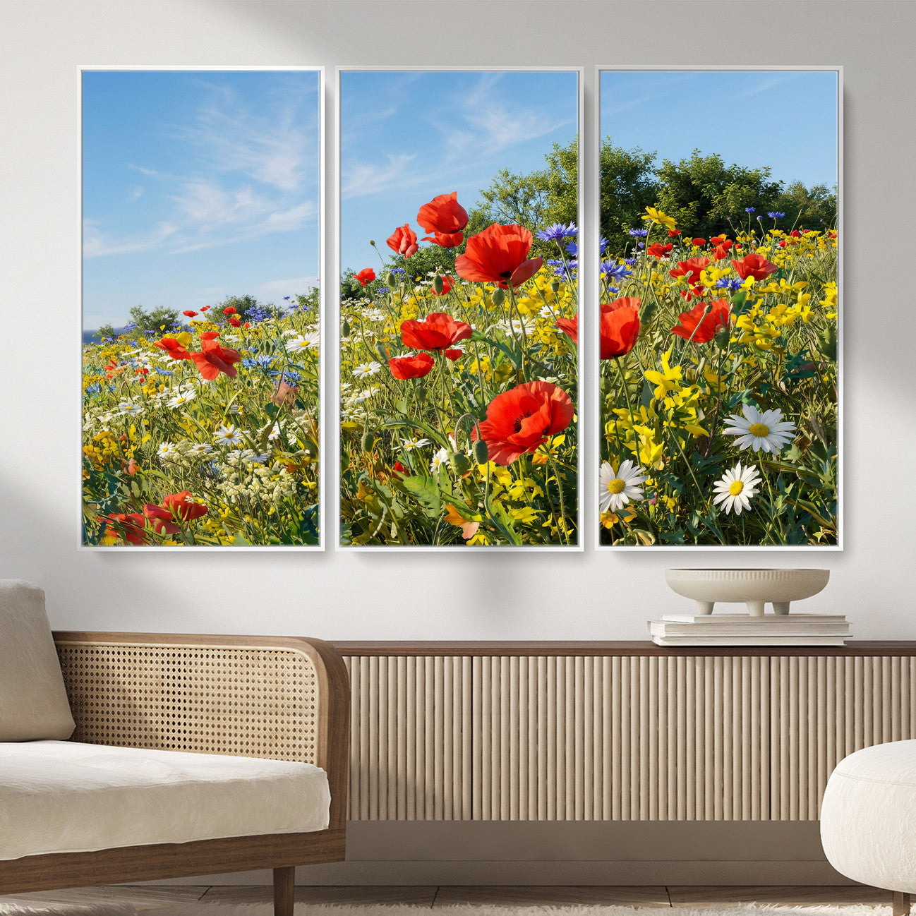38570784-MGV-CV-36X24 - Wildflower Meadow Wall Art Canvas Print – Colorful Poppy and Daisy Field Landscape Artwork for Living Room Decor