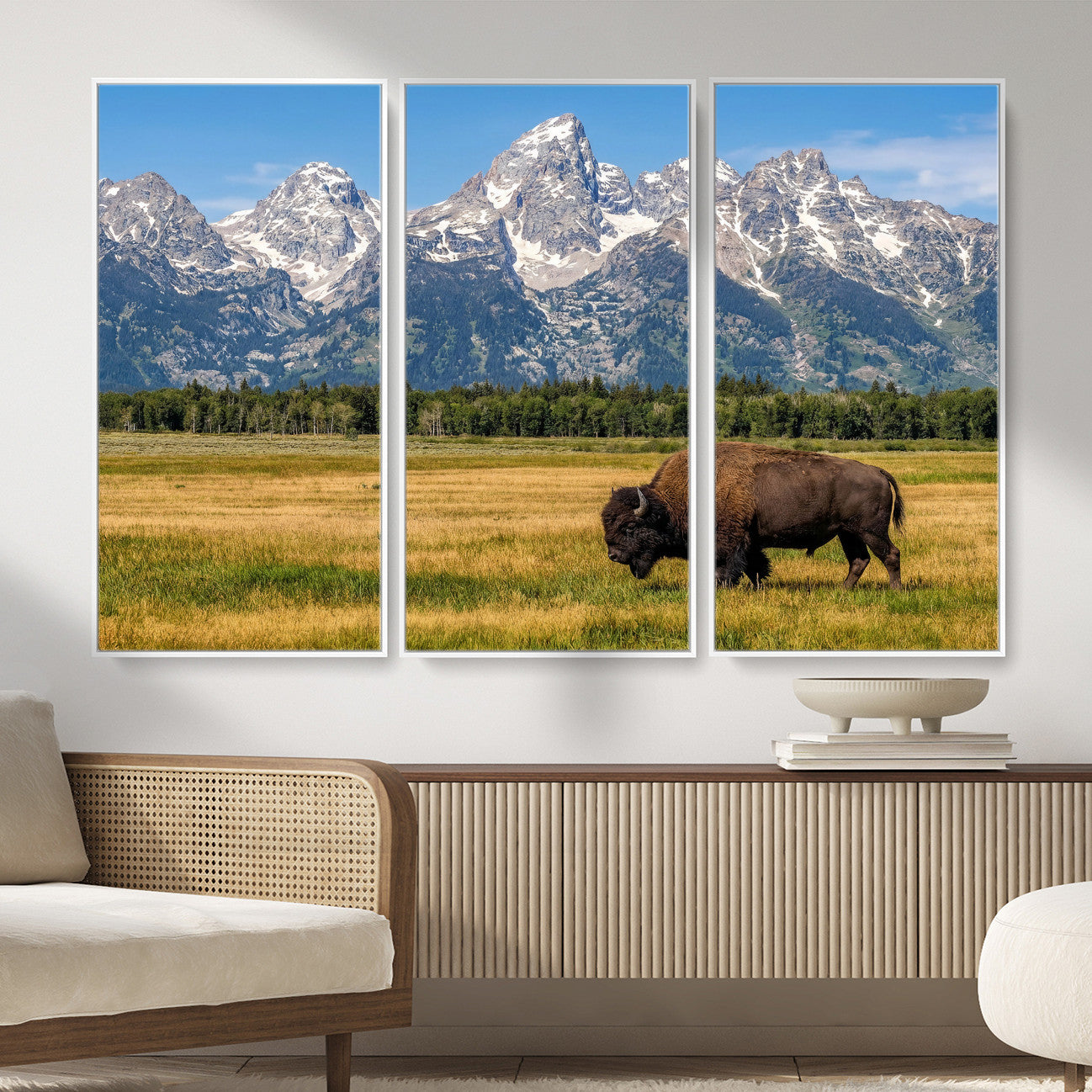 20424529-MGV-CV-36X24 - Bison in Mountain Landscape Wall Art Canvas Print – Western Wildlife Artwork for Rustic Living Room Decor