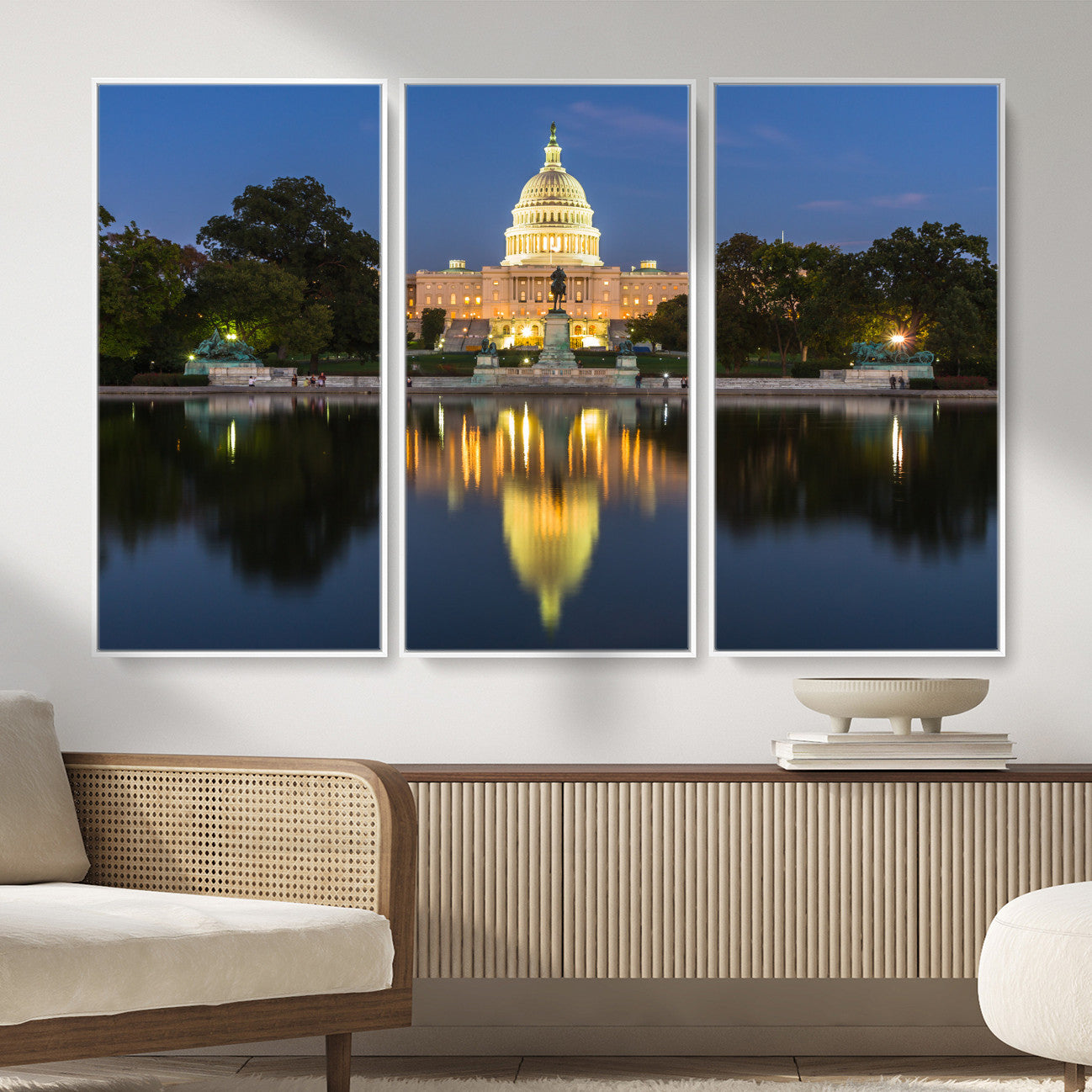 95568590-MGV-CV-36X24 - US Capitol Building Wall Art Canvas Print – Washington DC Landmark Night Reflection Artwork for Office Decor