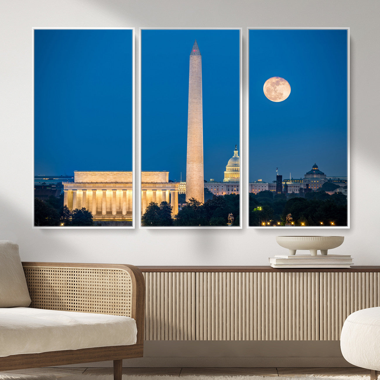 96712946-MGV-CV-36X24 - Washington DC Skyline Wall Art Canvas Print – Lincoln Memorial, Washington Monument and US Capitol Night Cityscape Artwork