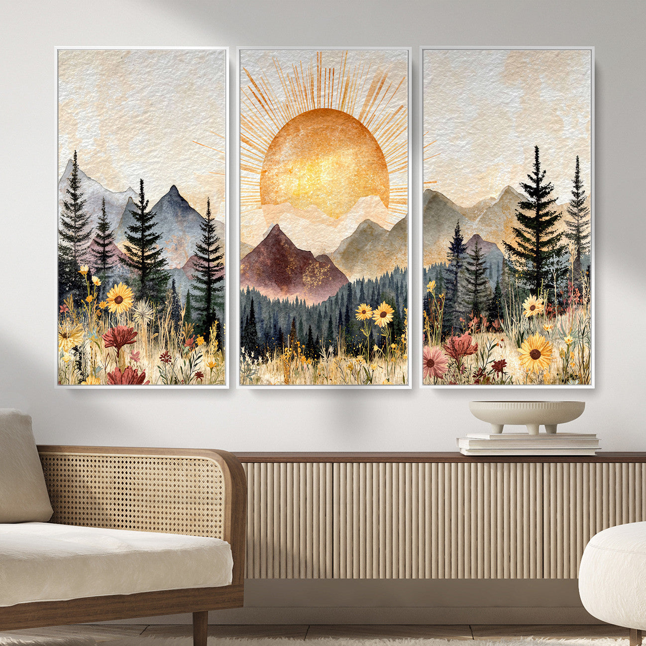69025244-MGV-CV-36X24 - Boho Mountain Landscape Large Wall Art, Horizontal Gold Framed Canvas Print with Sun and Flowers