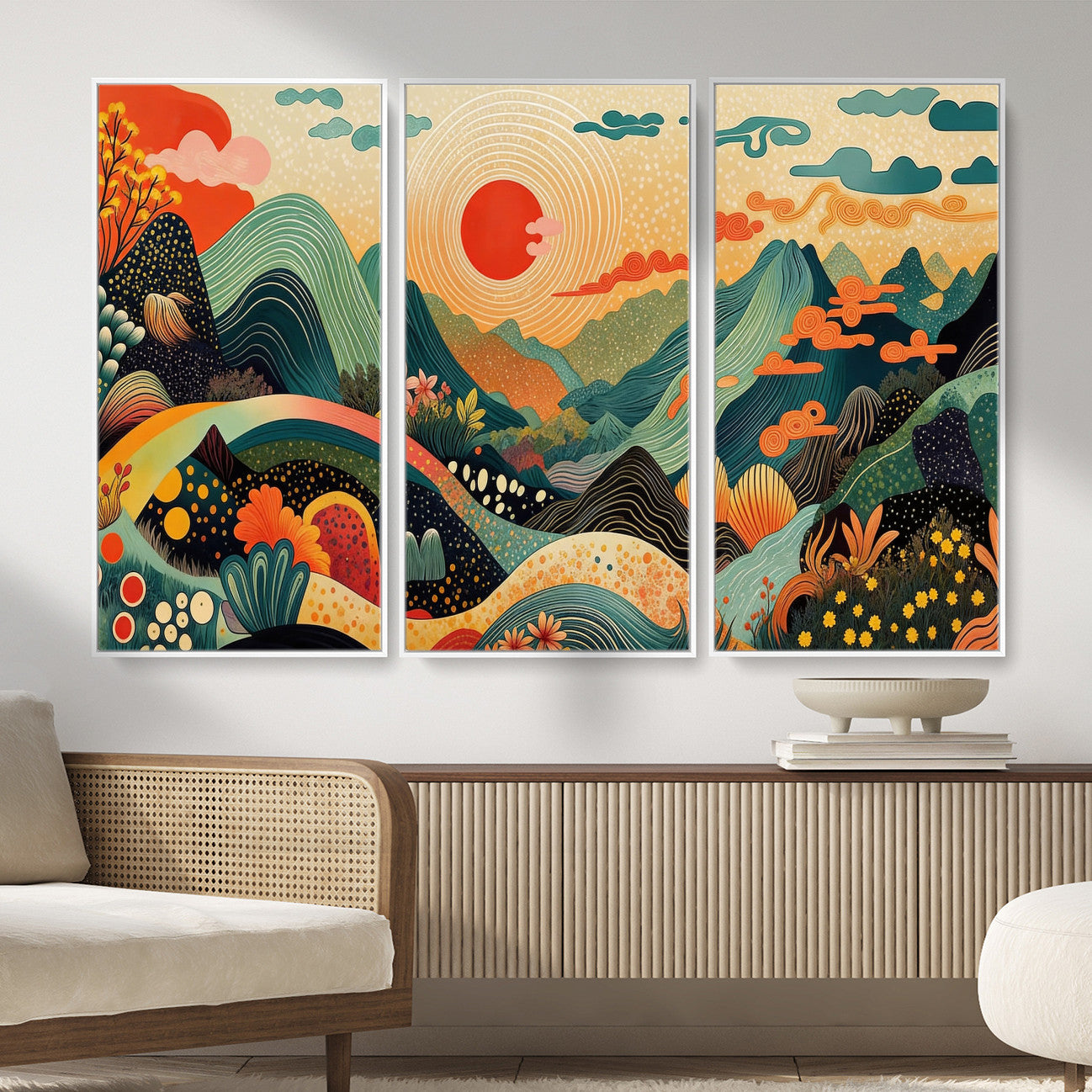 29927191-MGV-CV-36X24 - Yayoi Kusama Boho Mountain Landscape Large Wall Art, Horizontal Gold Framed Canvas Print with Sun and Flowers