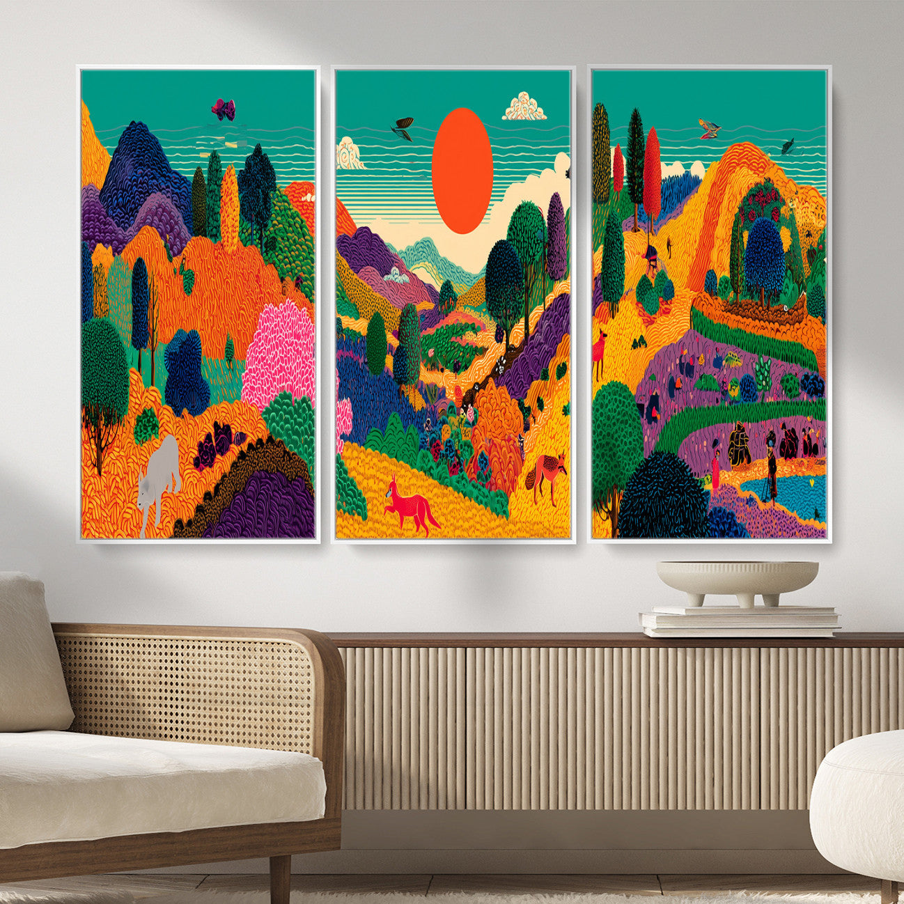 45710397-MGV-CV-48X32-3P - Colorful Japanese Landscape Print: Maximalist Panoramic Wall Art