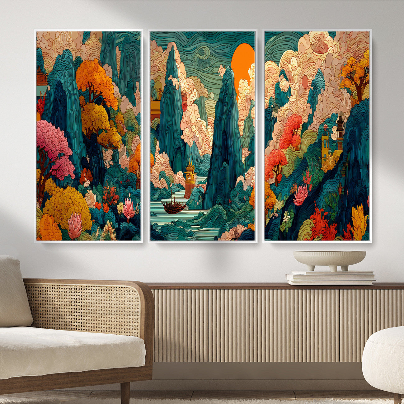 90422518-MGV-CV-48X32-3P - Colorful Japanese Landscape Print: Maximalist Panoramic Wall Art
