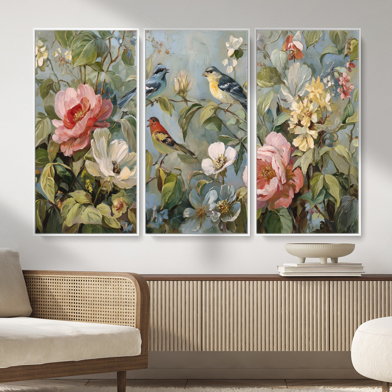 55440837-MGV-CV-36X24 - Vintage Birds and Flowers Wall Art Canvas Print, Botanical Bird Painting Canvas Print, Floral Garden Bird Artwork Canvas Print, Classic Bird Flower Painting Canvas Print