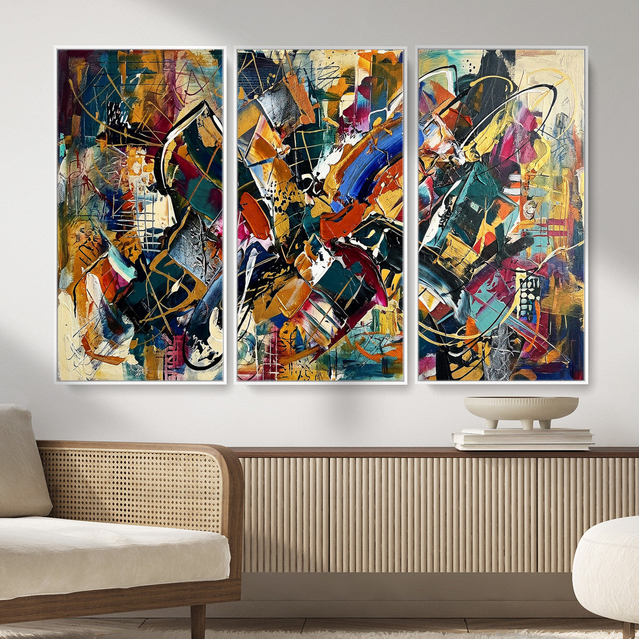 15525527-MGV-CV-36X24 - Geometric Abstract Wall Art Canvas Print, Orange Blue Abstract Expressionist Painting Print, Modern Geometric Abstract Canvas Art