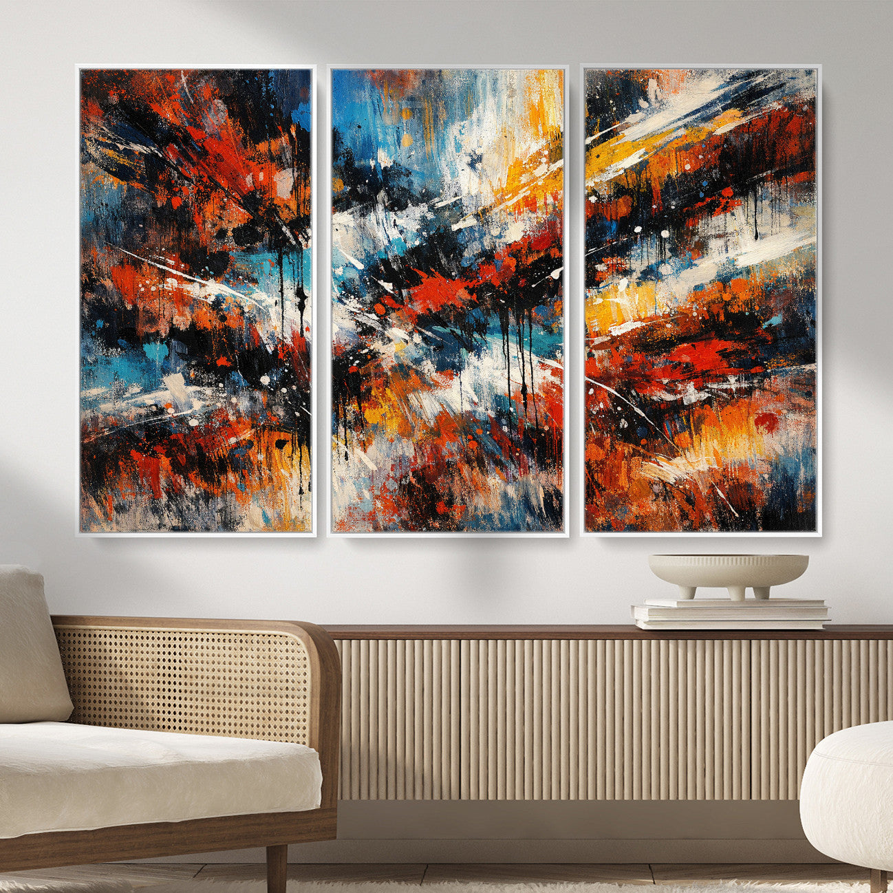 80276069-MGV-CV-36X24 - Geometric Abstract Wall Art Canvas Print, Orange Blue Abstract Expressionist Painting Print, Modern Geometric Abstract Canvas Art