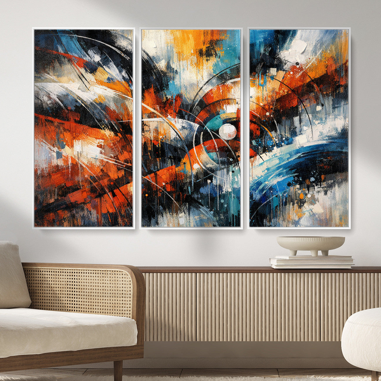 47120691-MGV-CV-36X24 - Geometric Abstract Wall Art Canvas Print, Orange Blue Abstract Expressionist Painting Print, Modern Geometric Abstract Canvas Art