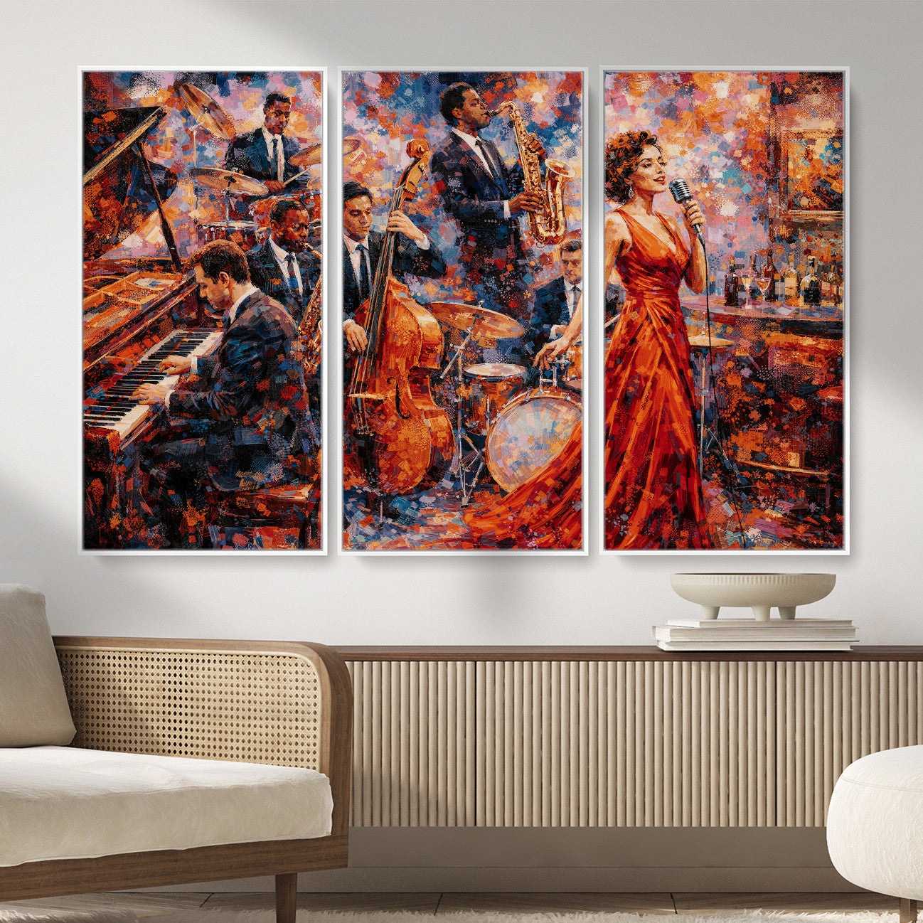 620930SF20-MGV-CV-36X24 - Jazz Band Canvas Wall Art — Jazz Club Singer Saxophone Print | Music Wall Decor | Bar Restaurant Art | Music Lover Gift | Jazz Home Decor
