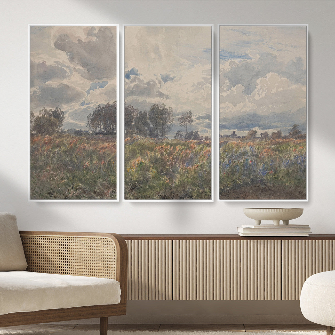 76626885-MGV-CV-36X24 - Vintage Watercolor Meadow Canvas Wall Art — English Pastoral Wildflower Storm Sky Print | Cottagecore Nature Decor | Classic Landscape Gift