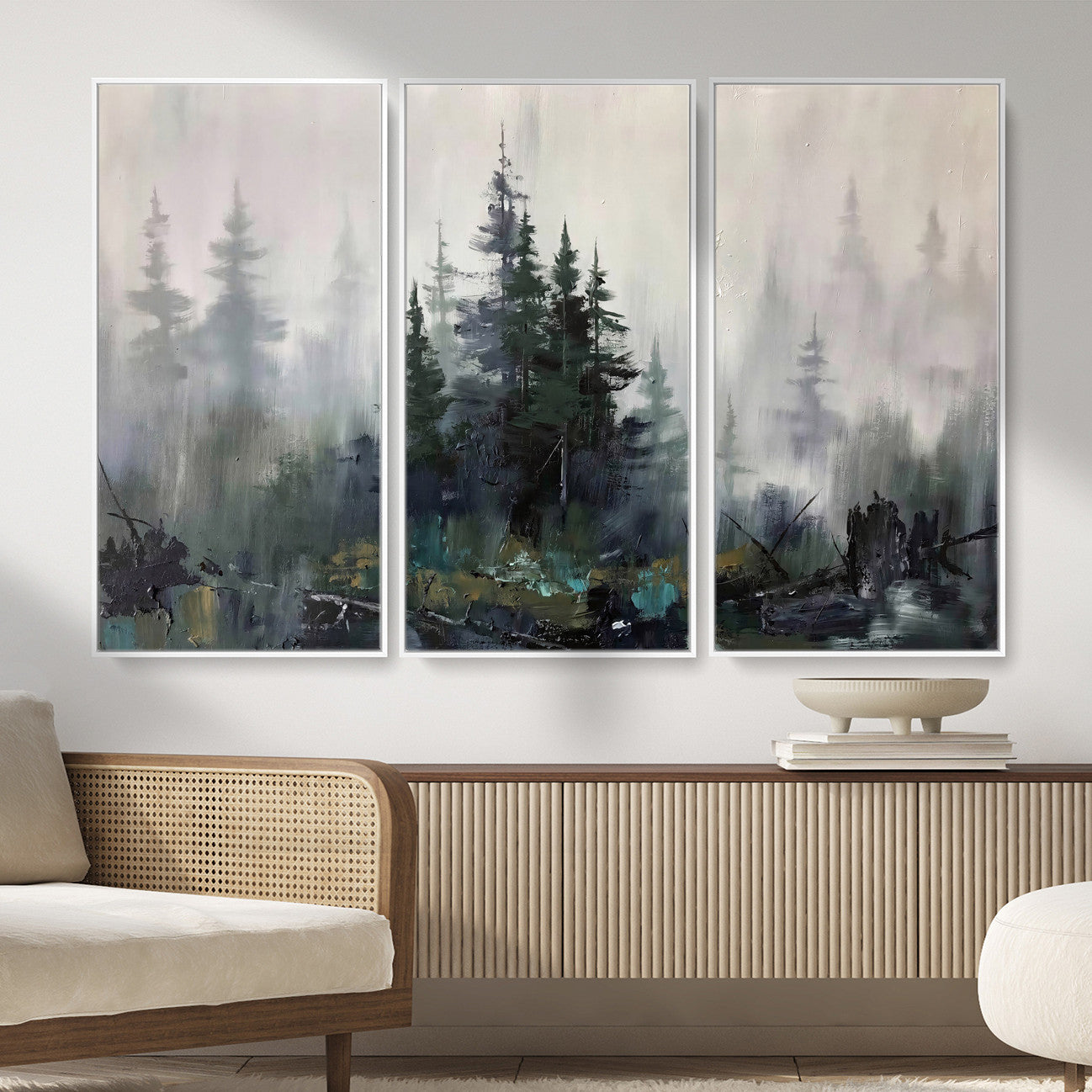 94143325-MGV-CV-36X24 - Misty Pine Forest Oil Painting Canvas — Dark Moody Teal Grey Tree Print | Japandi Scandinavian Wall Art | Minimalist Nature Decor Gift