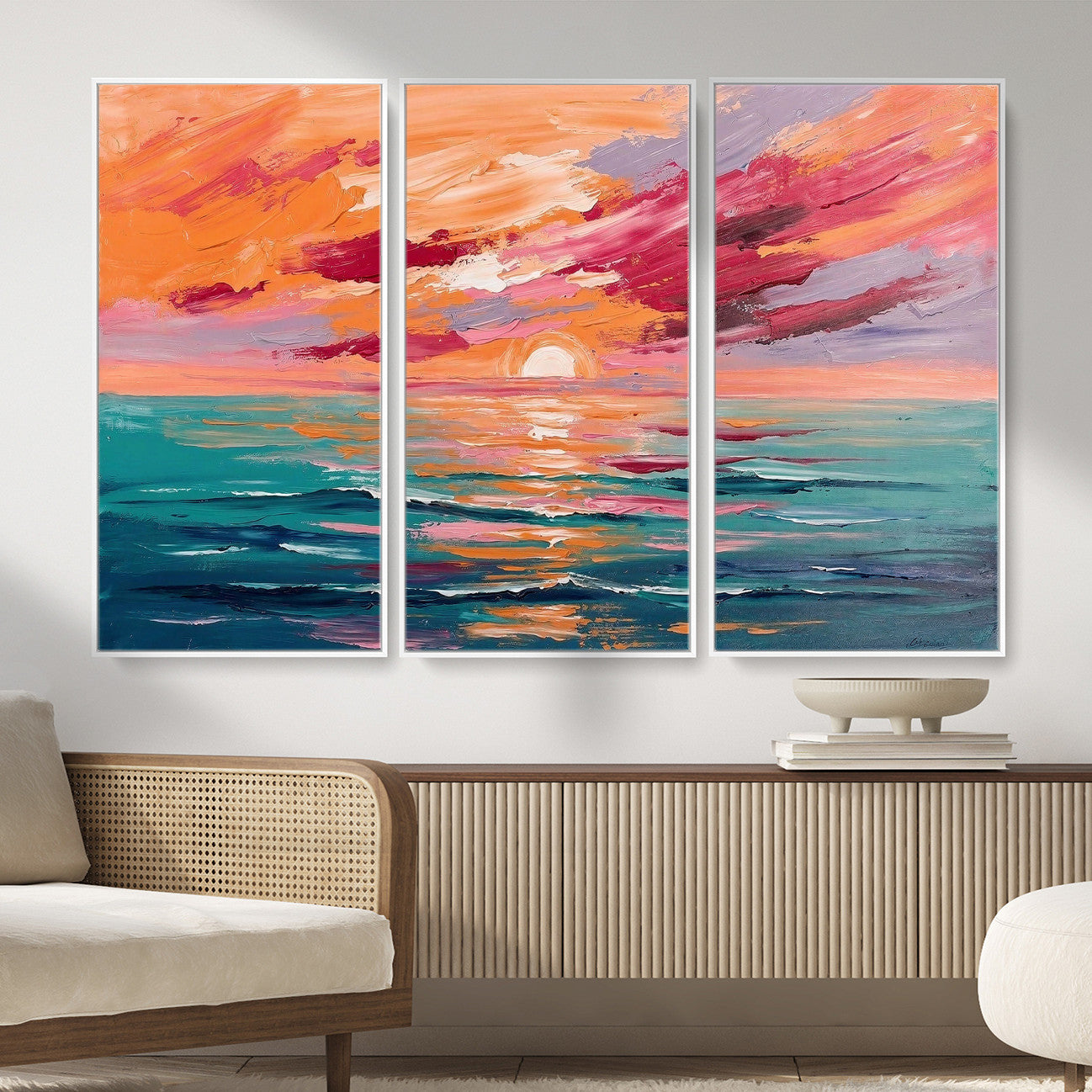 26763902-MGV-CV-36X24 - Bold Palette Knife Ocean Sunset Canvas — Orange Pink Teal Expressionist Sea Print | Colorful Coastal Wall Art | Vibrant Beach Decor Gift