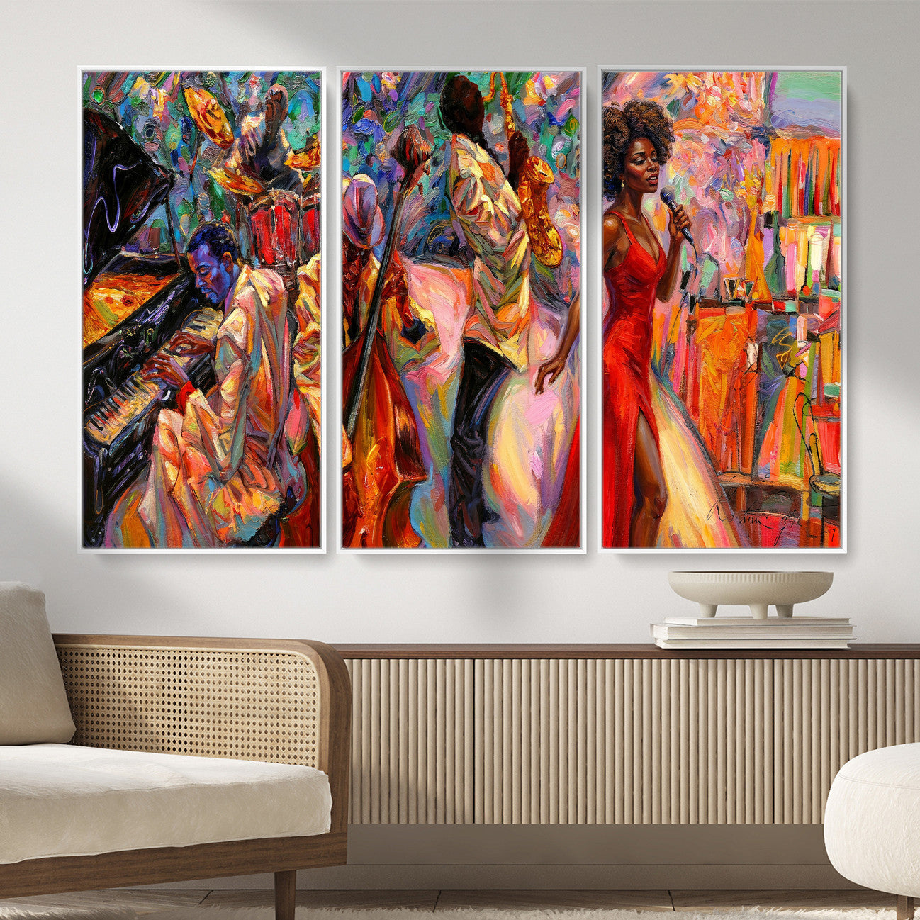 72615137-MGV-CV-36X24 - African American Jazz Singer Canvas Art - Red Dress Black Woman Music Print | Colorful Jazz Band Wall Decor | Living Room Gift for Her