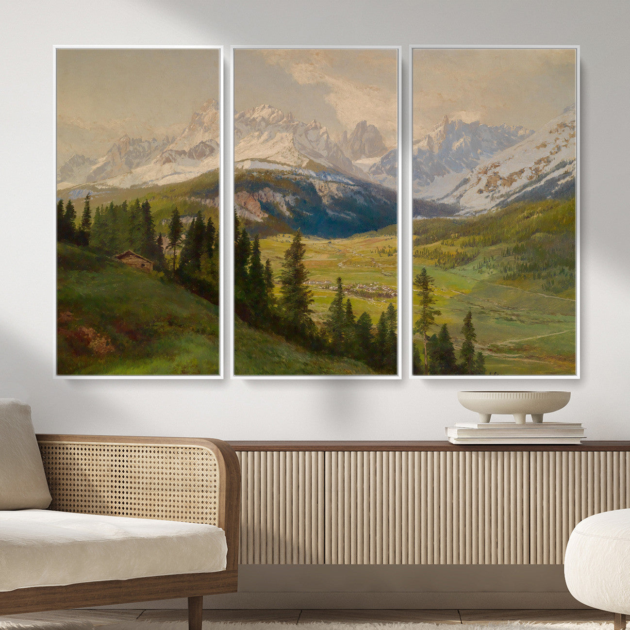 23120262-MGV-CV-36X24 - Konrad Petrides Sexten Village Canvas Print, Alpine Mountain Valley Painting, Dolomites Landscape Art