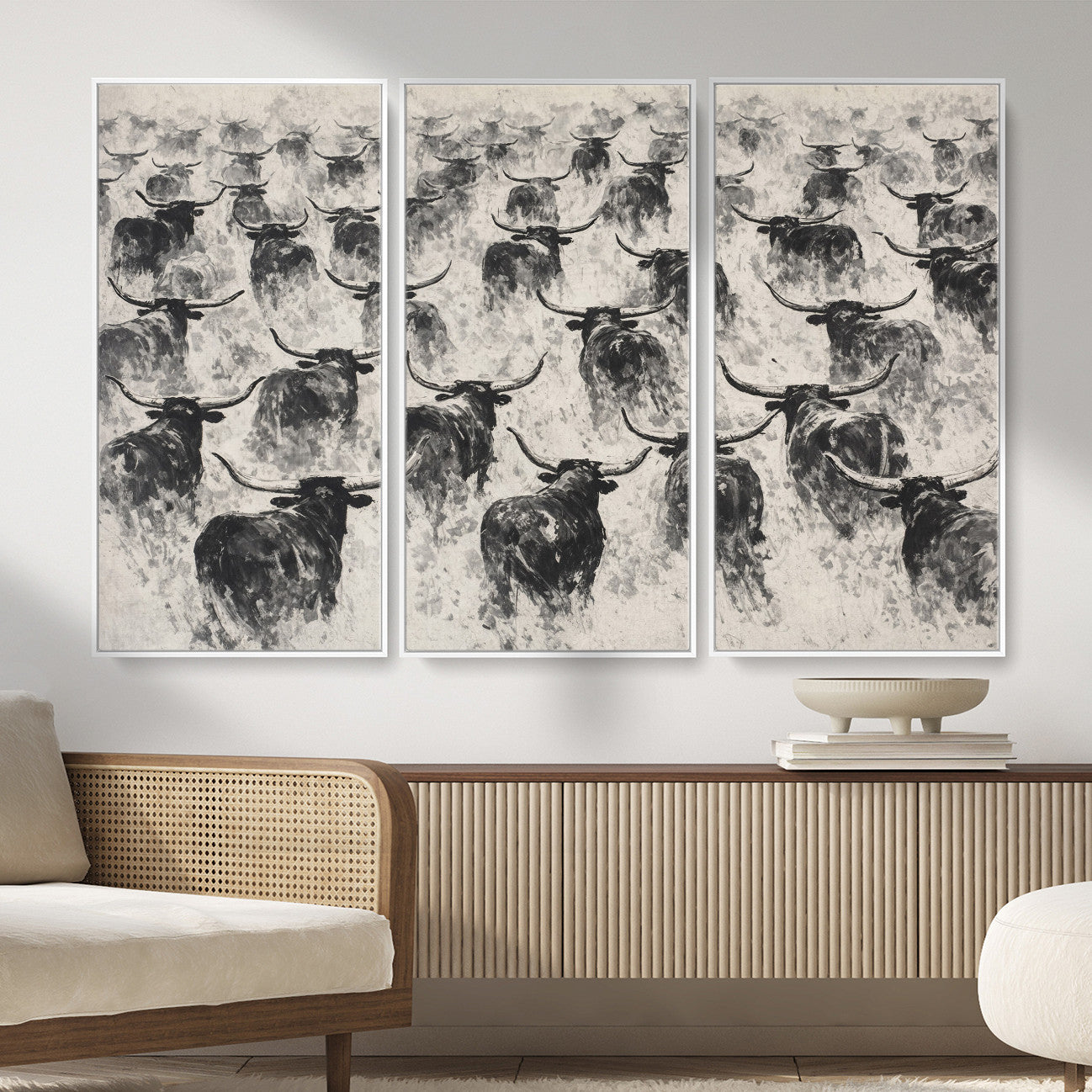 73328525-MGV-CV-36X24 - Texas Longhorn Drawing Canvas Wall Art, Western Cattle Stampede Painting Print, Warm Amber Ranch Decor, Rustic Cowboy Home Art, Large Living Room Decor