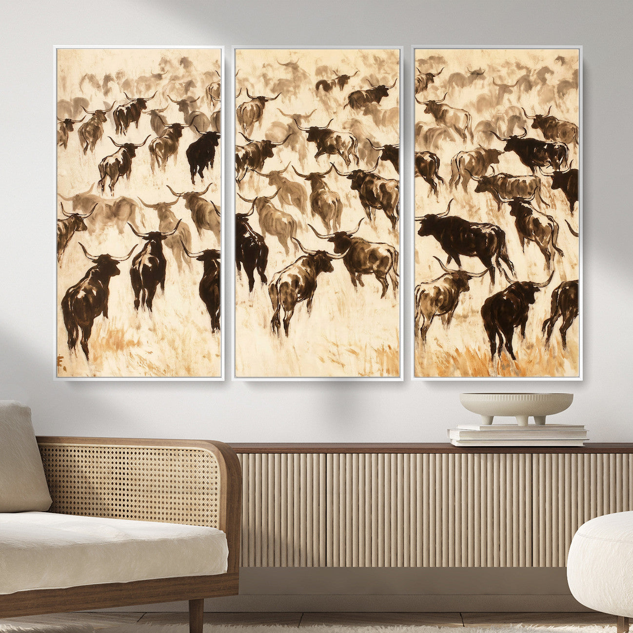 39077774-MGV-CV-36X24 - Texas Longhorn Sepia Canvas Wall Art, Western Cattle Stampede Painting Print, Warm Amber Ranch Decor, Rustic Cowboy Home Art, Large Living Room Decor