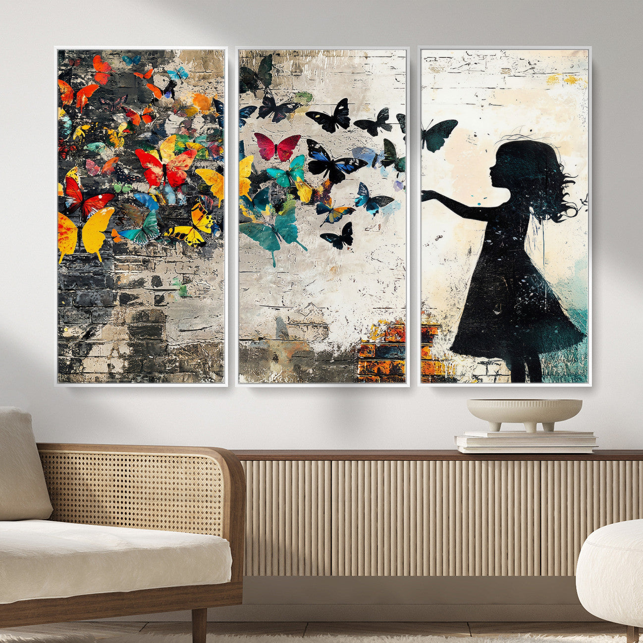 33909022-MGV-CV-36X24 - Banksy Butterfly Girl Wall Art Canvas Print, Framed Street Art Silhouette Graffiti Artwork, Colorful Butterfly Wall Decor for Living Room Bedroom Office