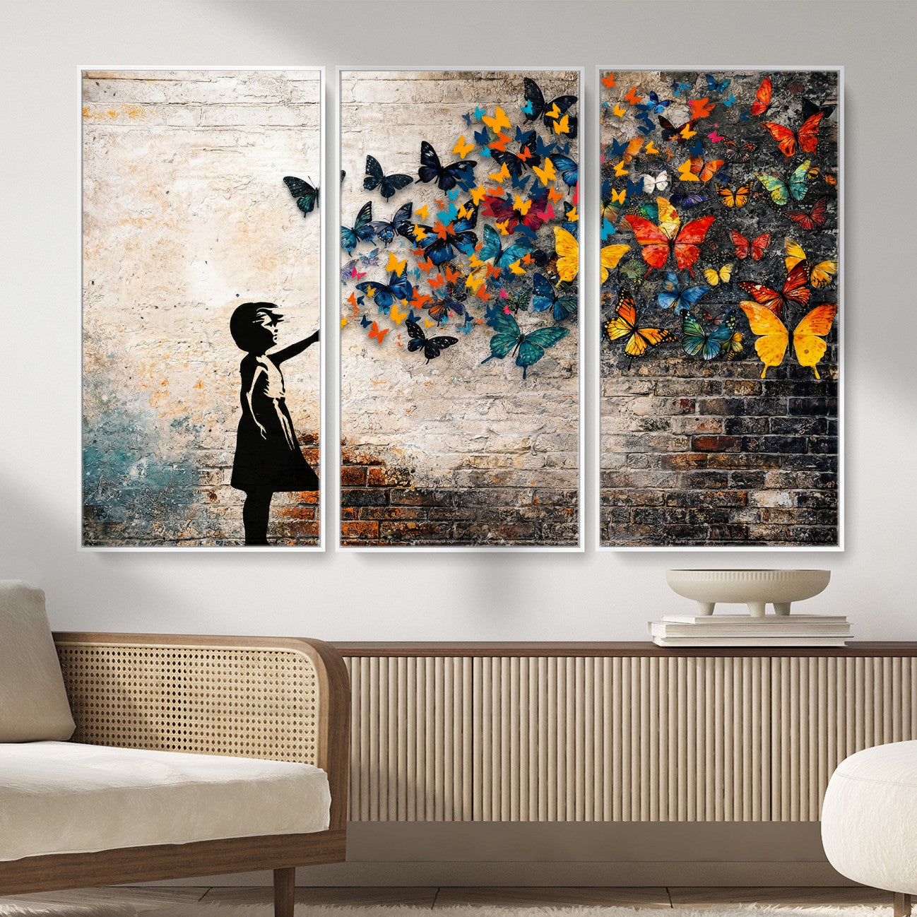 78760384-MGV-CV-36X24 - Banksy Graffiti Butterfly Girl Wall Art Canvas Print, Framed Street Art Canvas Print, Silhouette Butterfly Wall Art for Living Room Bedroom Office