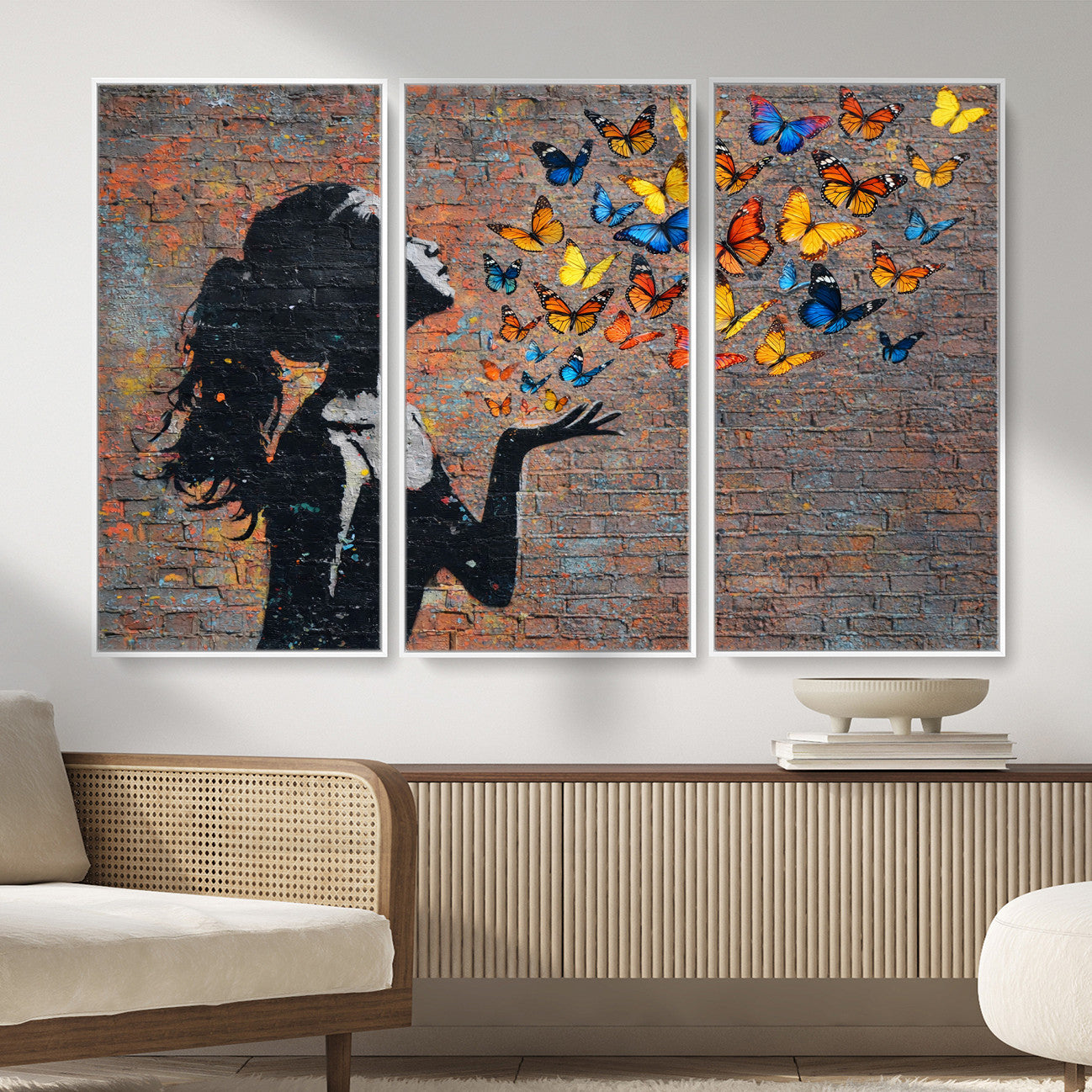 10555939-MGV-CV-36X24 - Urban Banksy Butterfly Girl Wall Art Canvas Print, Framed Street Art Canvas Print, Graffiti Silhouette Butterfly Wall Art for Living Room Bedroom Office