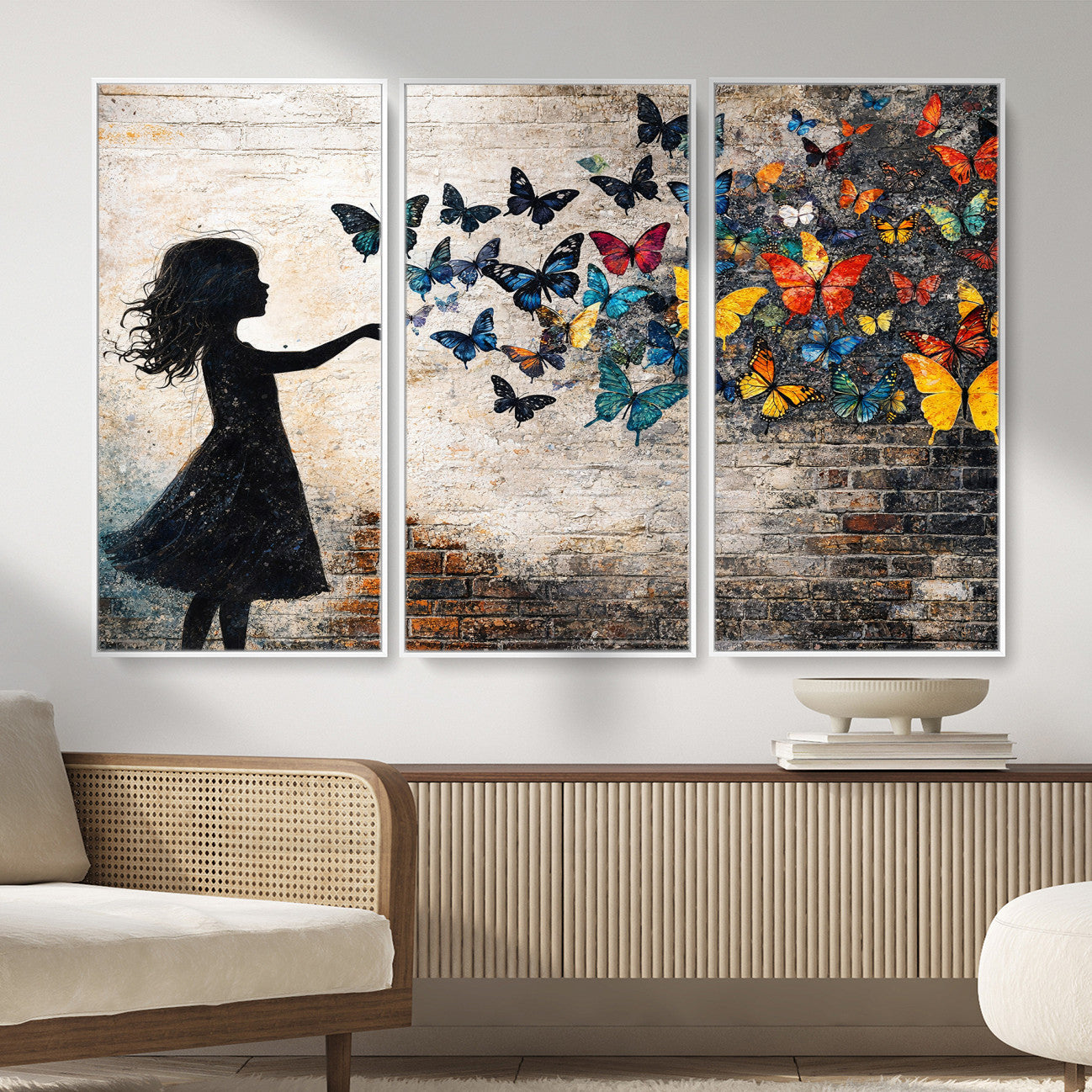 70522594-MGV-CV-36X24 - Banksy Butterfly Girl Wall Art Canvas Print, Framed Street Art Canvas Print, Graffiti Silhouette Butterfly Wall Art for Living Room Bedroom Office