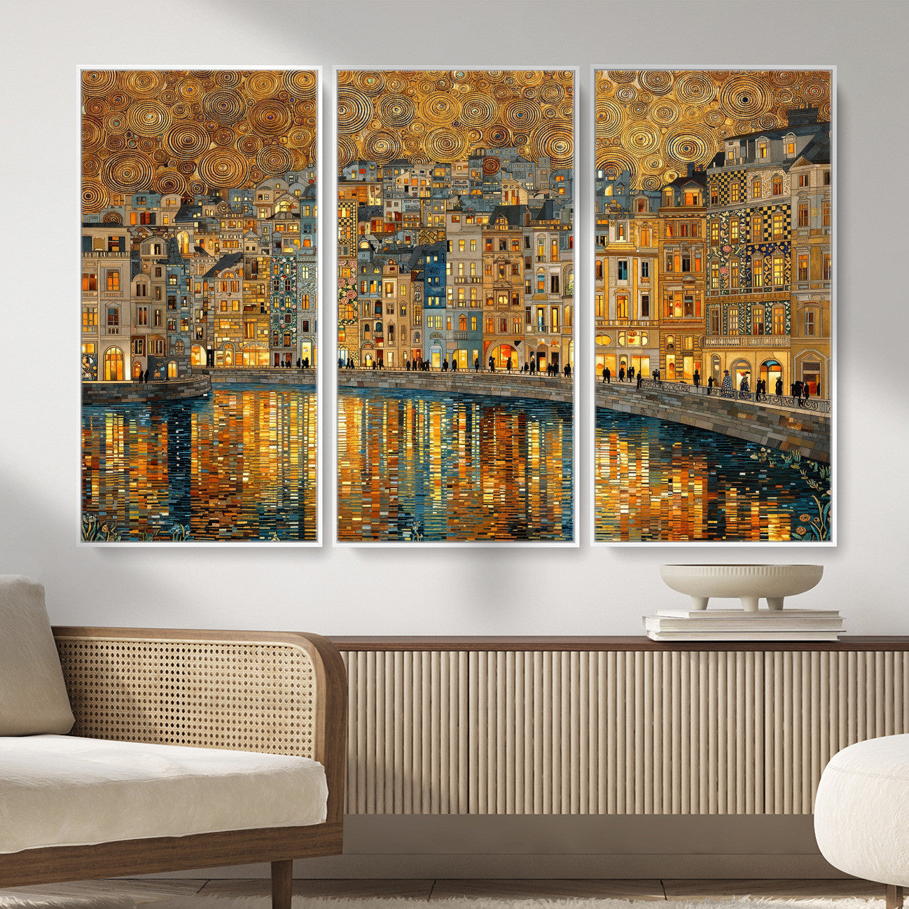 94022787-MGV-CV-36X24 - Gustav Klimt Golden Cityscape Wall Art Canvas Print, Framed River Town Landscape Artwork, Ornate Architecture Wall Decor for Living Room Bedroom Office