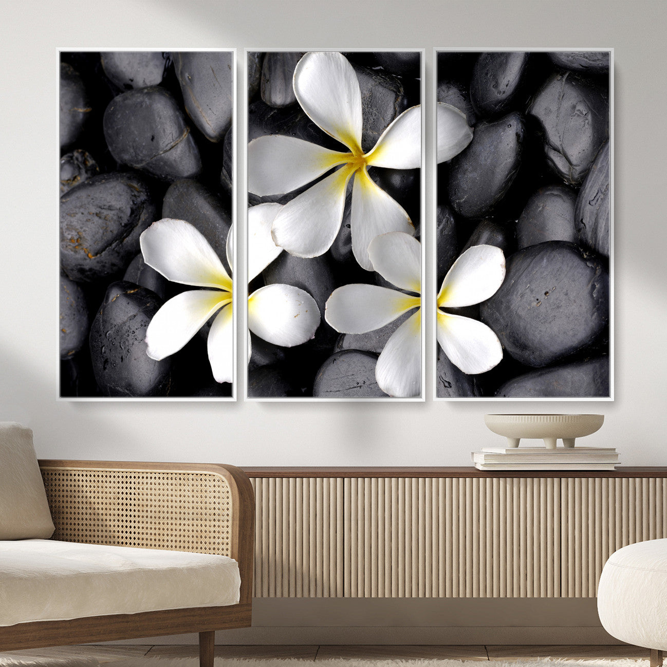 43639613-MGV-CV-36X24 - Plumeria Frangipani Black Stone Canvas | White Flower Spa Photography Print | Tropical Zen Wall Art | Grey Pebble Floral Decor