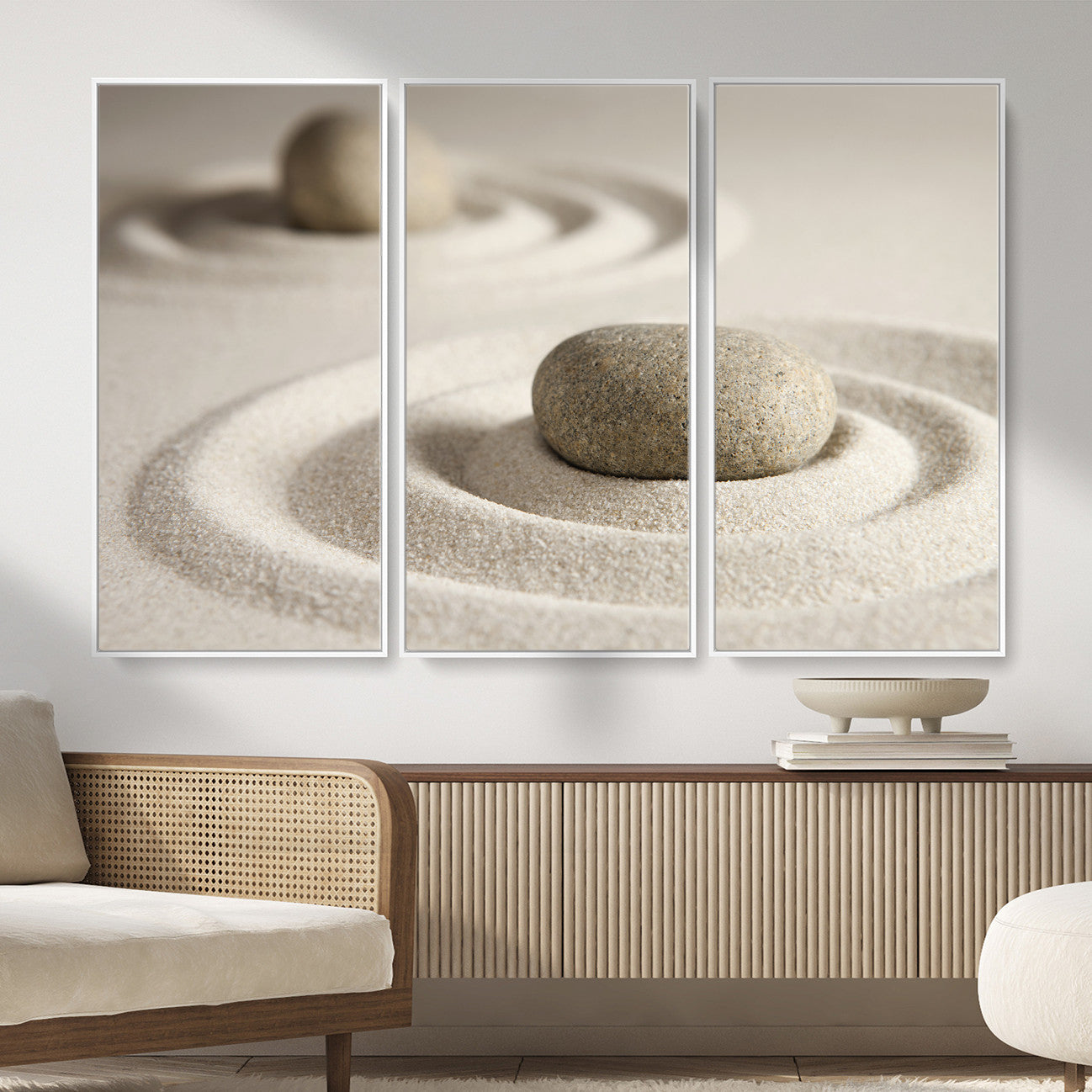 13397966-MGV-CV-36X24 - Zen Garden Stone Sand Canvas | Japanese Rock Garden Wall Art | Minimalist Meditation Print | Neutral Beige Mindfulness Decor