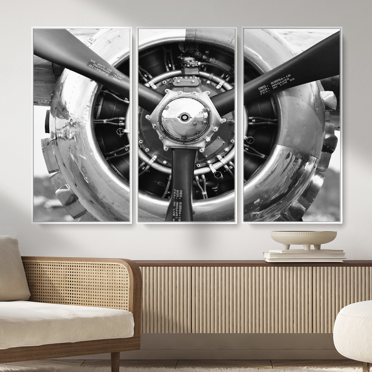 73322230-MGV-CV-36X24 - Vintage Propeller Plane Wall Art Canvas Print, Black and White Airplane Engine Close Up Framed Aviation Artwork for Pilot Office Hangar Decor