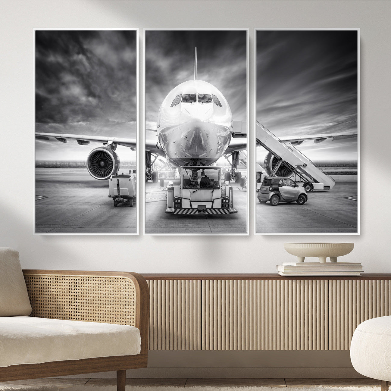 85885848-MGV-CV-36X24 - Airplane Wall Art Canvas Print, Black and White Jet Aircraft Airport Runway Framed Aviation Artwork for Pilot Office Hangar Travel Decor