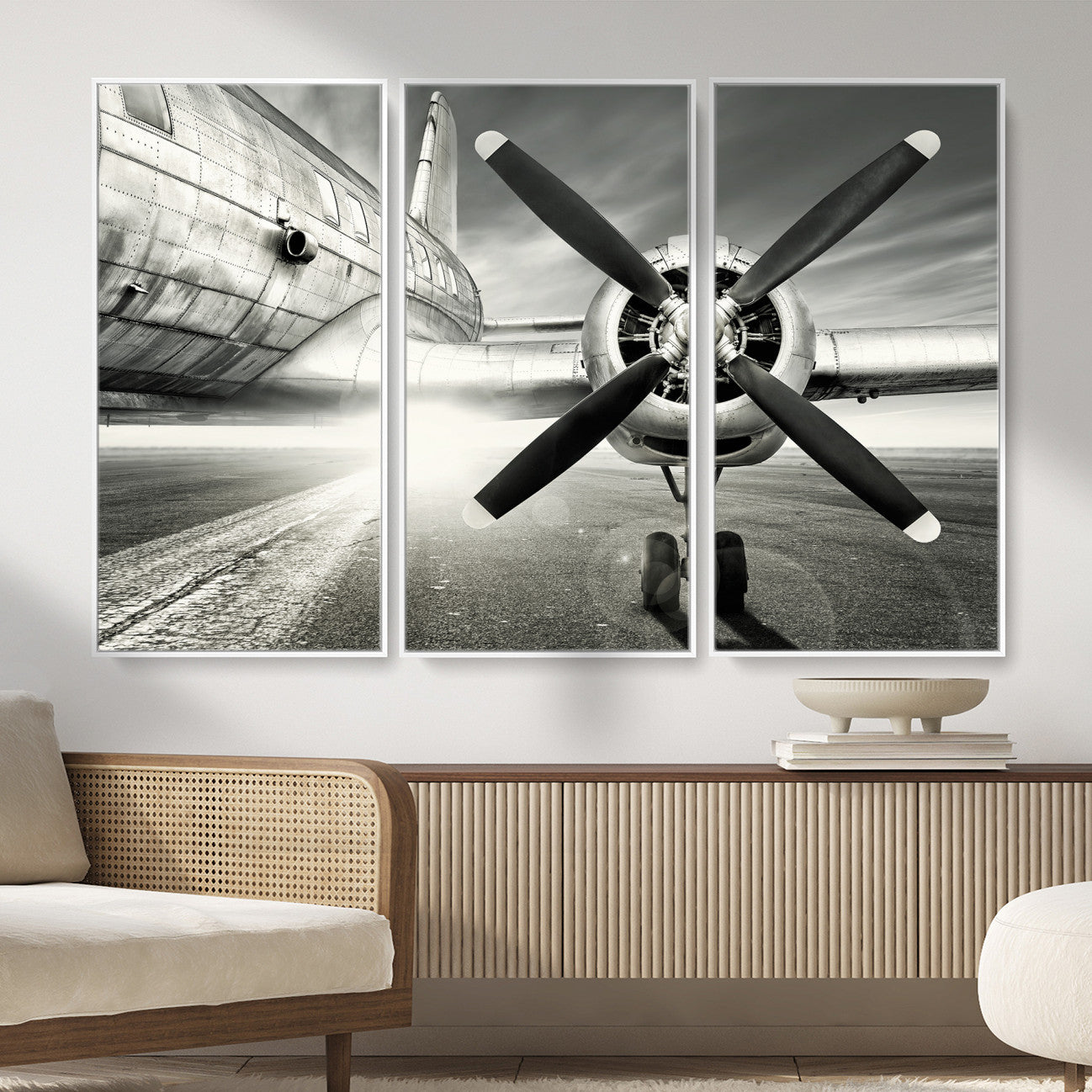16420255-MGV-CV-36X24 - Vintage Airplane Wall Art Canvas Print, Black and White Propeller Aircraft Framed Aviation Artwork for Pilot Office Hangar Living Room Decor