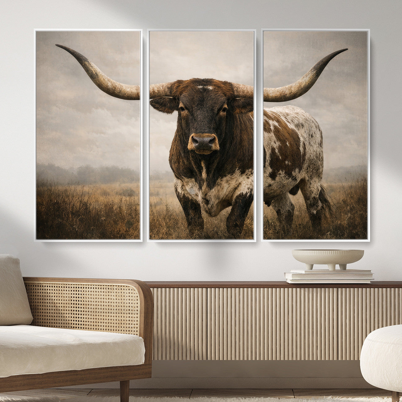 17622011L-MGV-CV-36X24 - Longhorn Bull Wall Art Canvas Print, Western Farmhouse Cowboy Decor, Rustic Texas Ranch Cattle Artwork for Living Room Bedroom Office, Framed Wall Decor