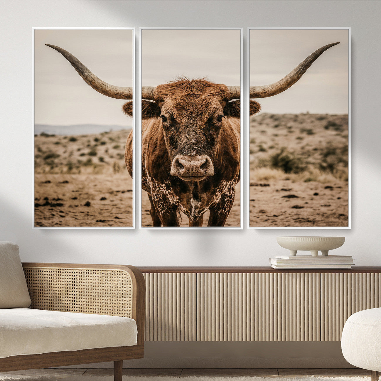 17622011K-MGV-CV-36X24 - Texas Longhorn Bull Wall Art Canvas Print, Western Farmhouse Cowboy Decor, Rustic Texas Ranch Cattle Artwork for Living Room Bedroom Office, Framed Wall Decor