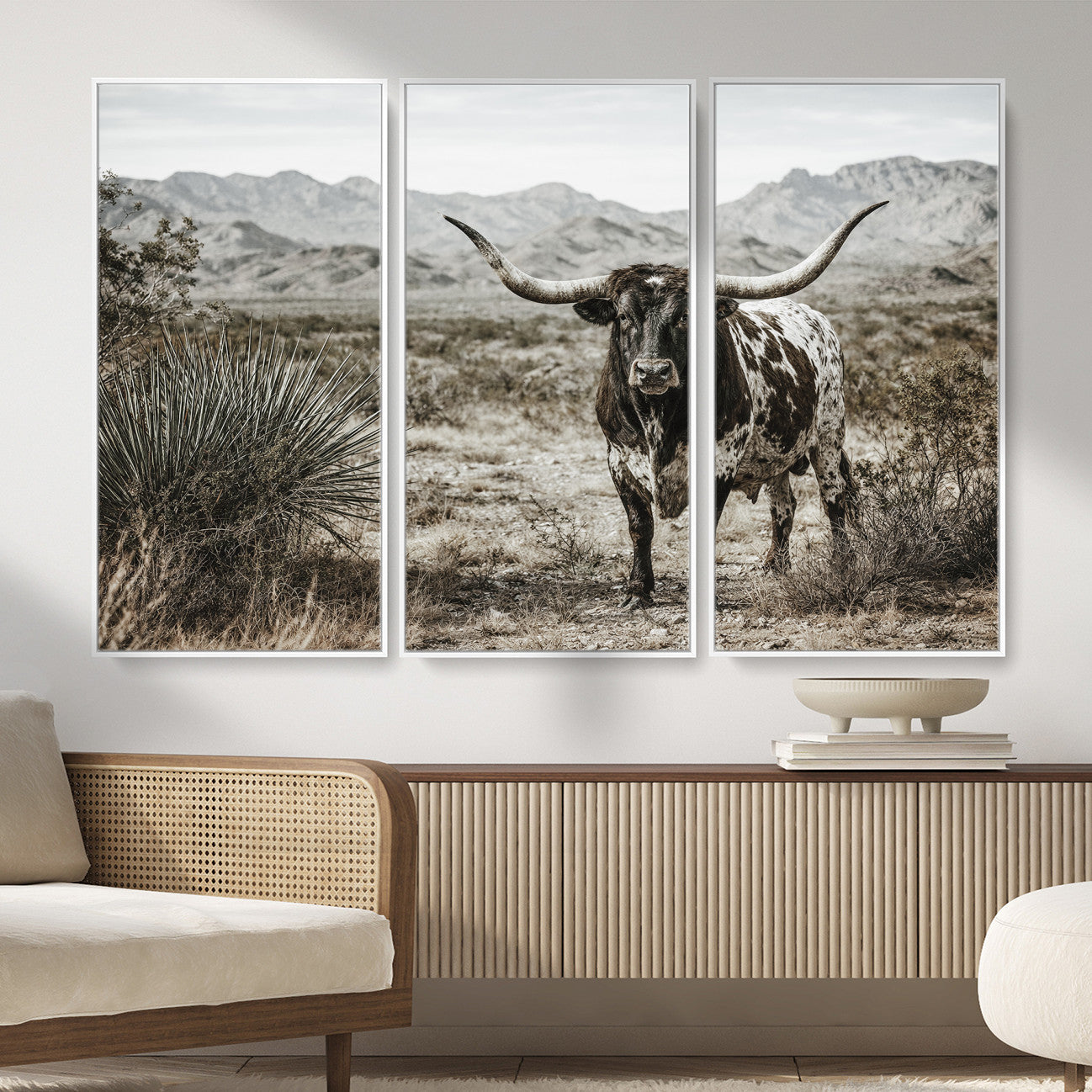 17622011H-MGV-CV-36X24 - Texas Longhorn Bull Wall Art Canvas Print, Western Farmhouse Cowboy Decor, Rustic Texas Ranch Cattle Artwork for Living Room Bedroom Office, Framed Wall Decor