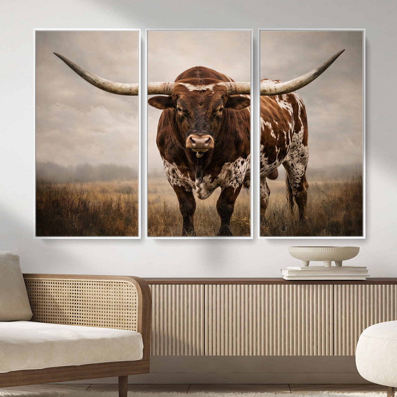 25239047-MGV-CV-36X24 - Texas Longhorn Canvas Wall Art Western Bull Desert Moody Grey Overcast Rustic Farmhouse Framed Large for Living Room Bedroom Office Decor