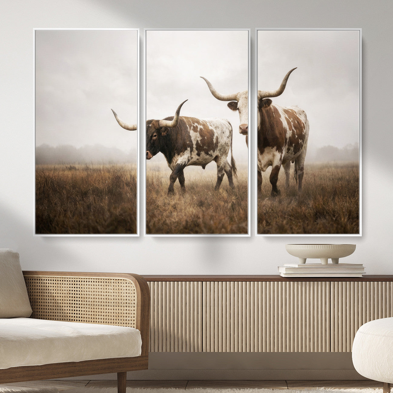 92881702-MGV-CV-36X24 - Texas Longhorn Canvas Wall Art Western Bull Desert Moody Grey Overcast Rustic Farmhouse Framed Large for Living Room Bedroom Office Decor